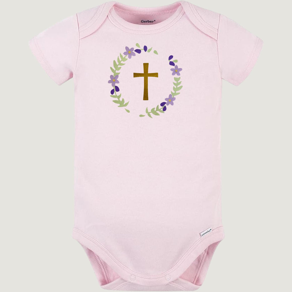 Flower Cross baby onesie, religious baby onesie